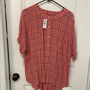 LOFT Pink Plaid Button-Up Blouse
